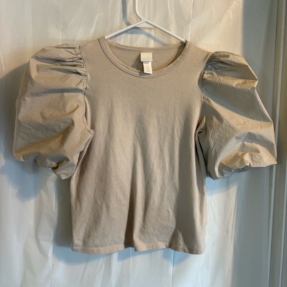 H&M Puff Sleeve Blouse Medium Tan Beige Cottagecore Peasant Romantic Lagenlook - Picture 1 of 5